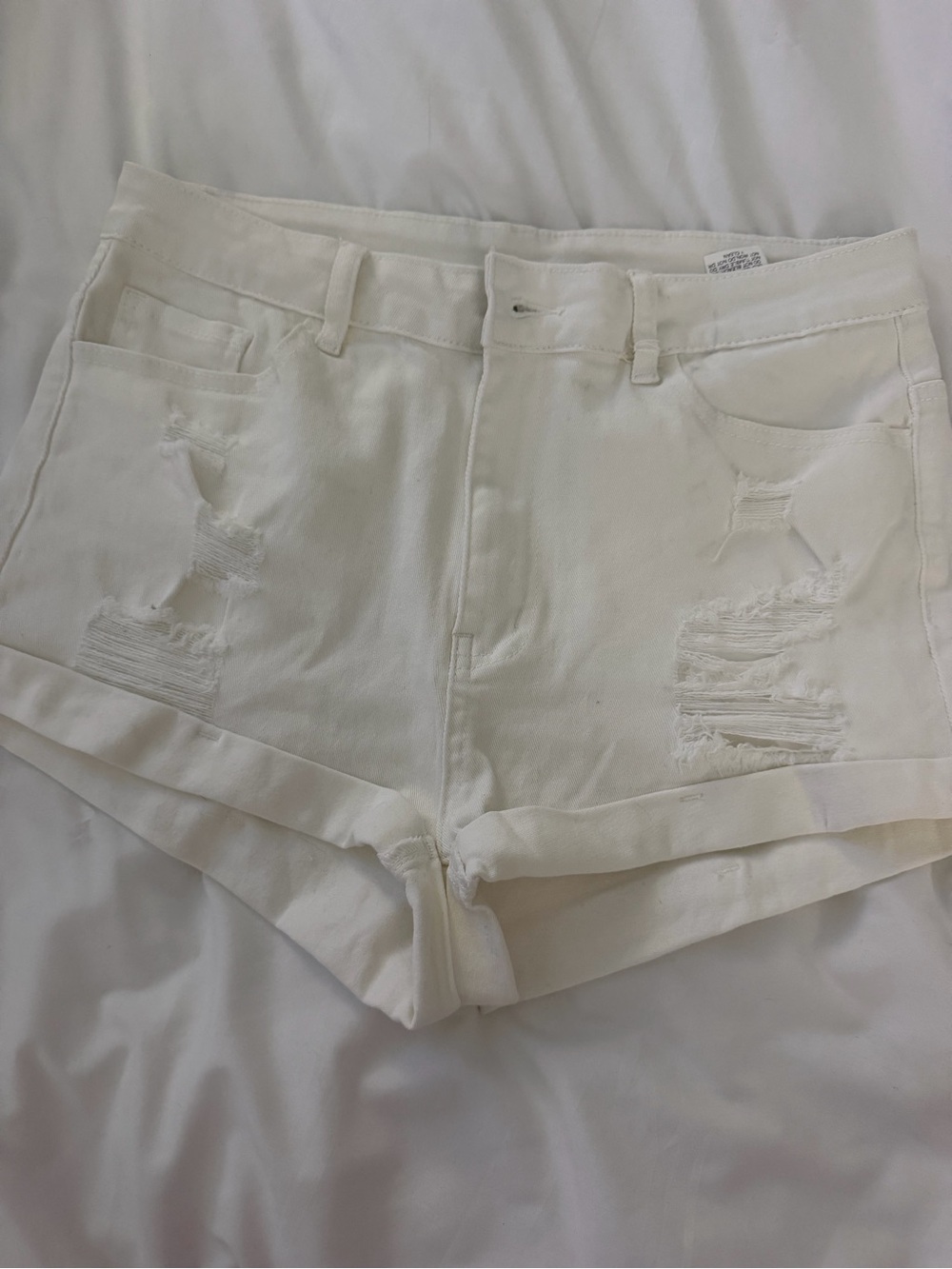 SHEIN White Distressed Rolled-Hem Denim Shorts